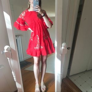 NWOT Free People Red Embroidered Flowy Mini Dress